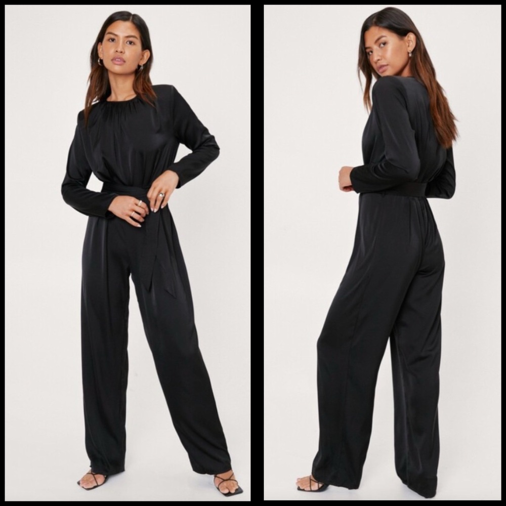Nasty Gal Black Satin Shoulder Pad Jumpsuit NWT 6